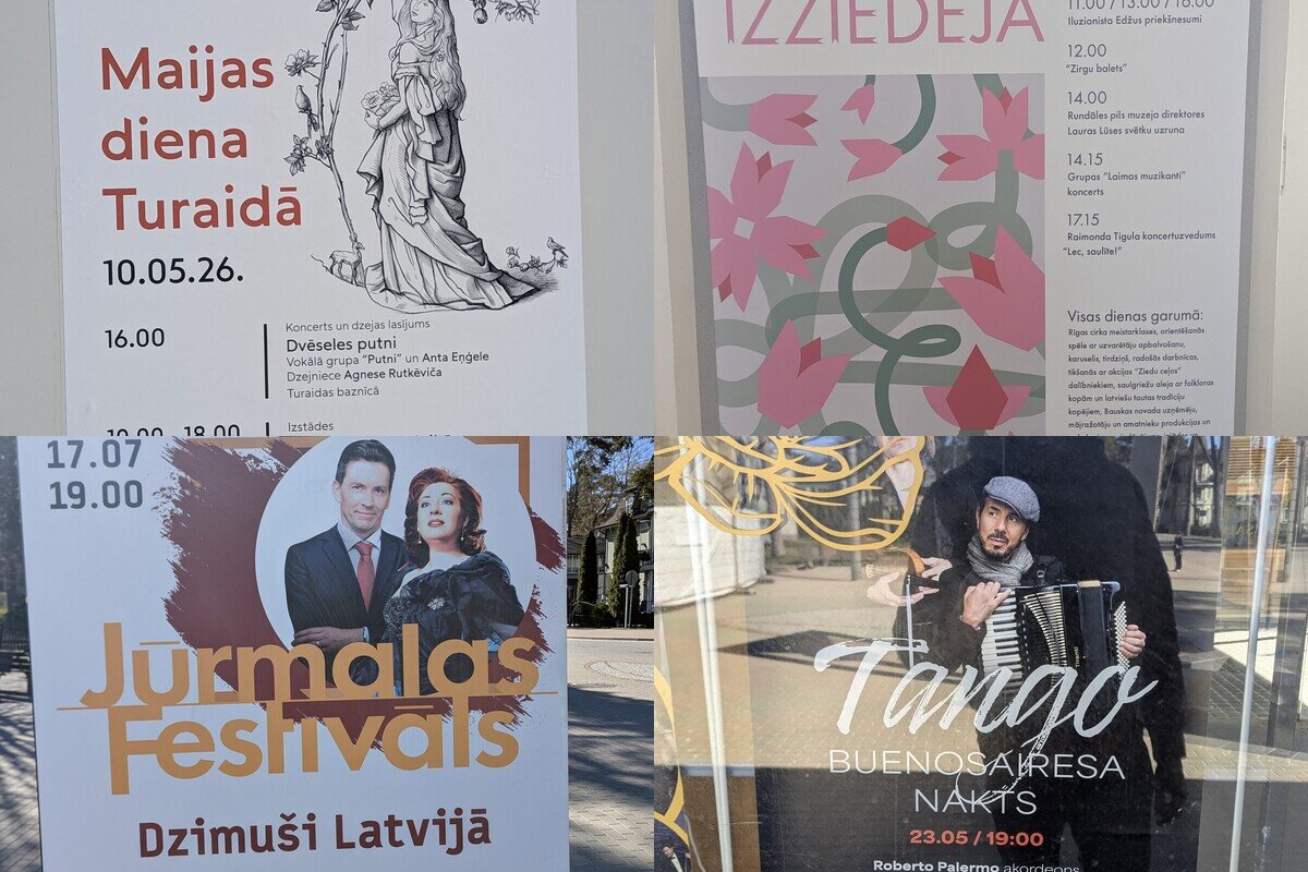 Cztery plakaty wydarzeń wypatrzone na Łotwie wiosną 2026 &mdash; Dzień Maijas w Turaidzie, Festiwal Ogrodów Rundāle, Noc Tanga Buenos Aires i Festiwal Jūrmalas.