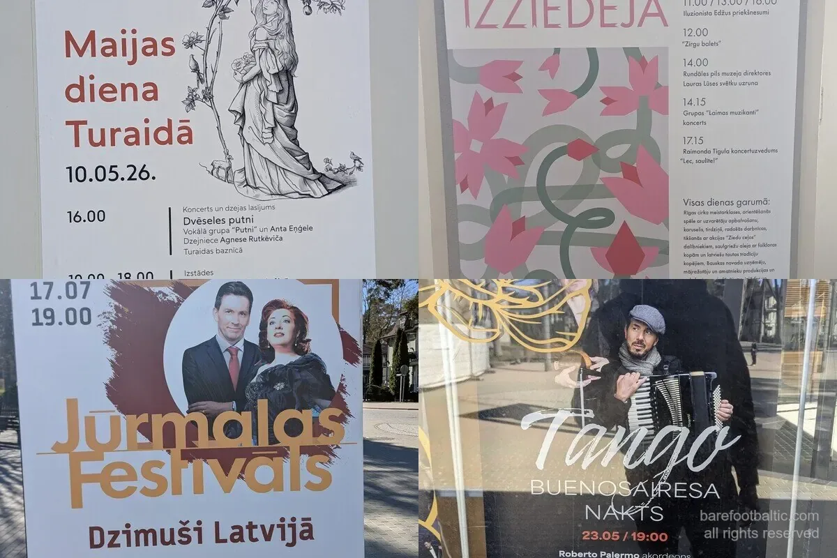 Cztery plakaty wydarzeń wypatrzone na Łotwie wiosną 2026 &mdash; Dzień Maijas w Turaidzie, Festiwal Ogrodów Rundāle, Noc Tanga Buenos Aires i Festiwal Jūrmalas.