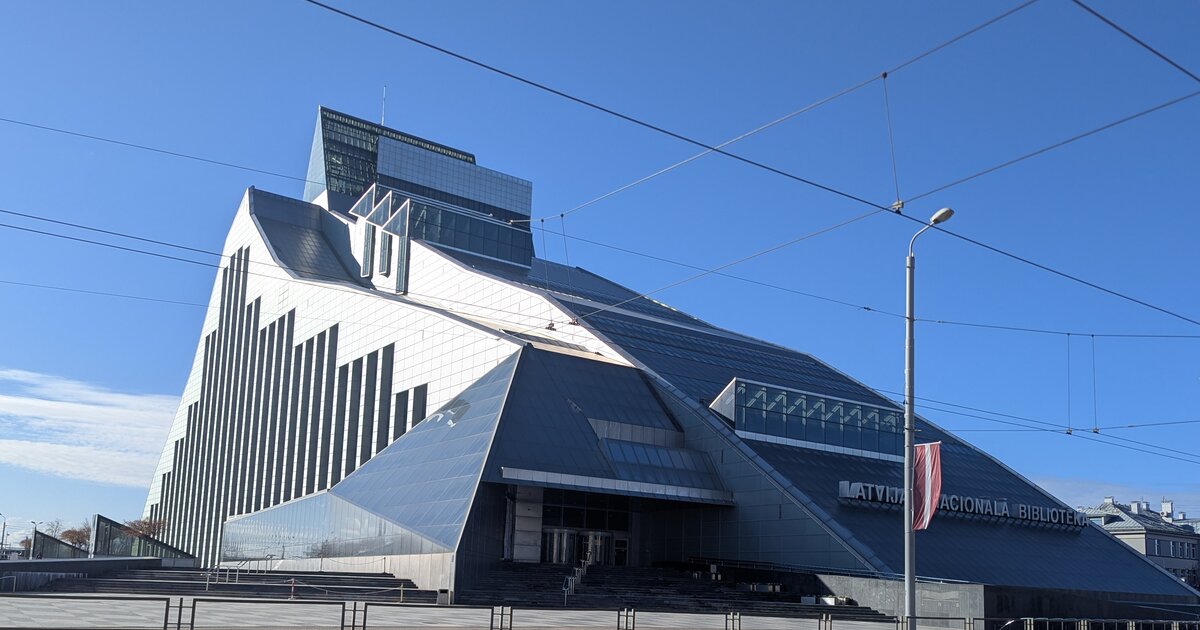 The Castle of Light — the Latvian National Library, Riga, against a clear sky.