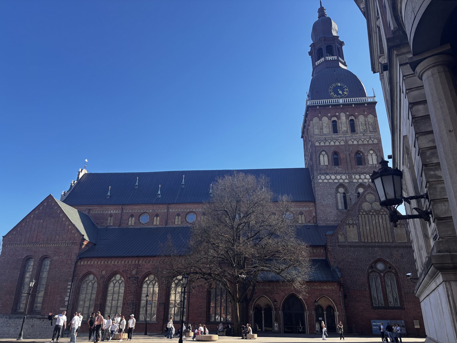 Riga Cathedral (Doma baznīca) on Cathedral Square, with its baroque tower against a blue spring sky, Latvia.