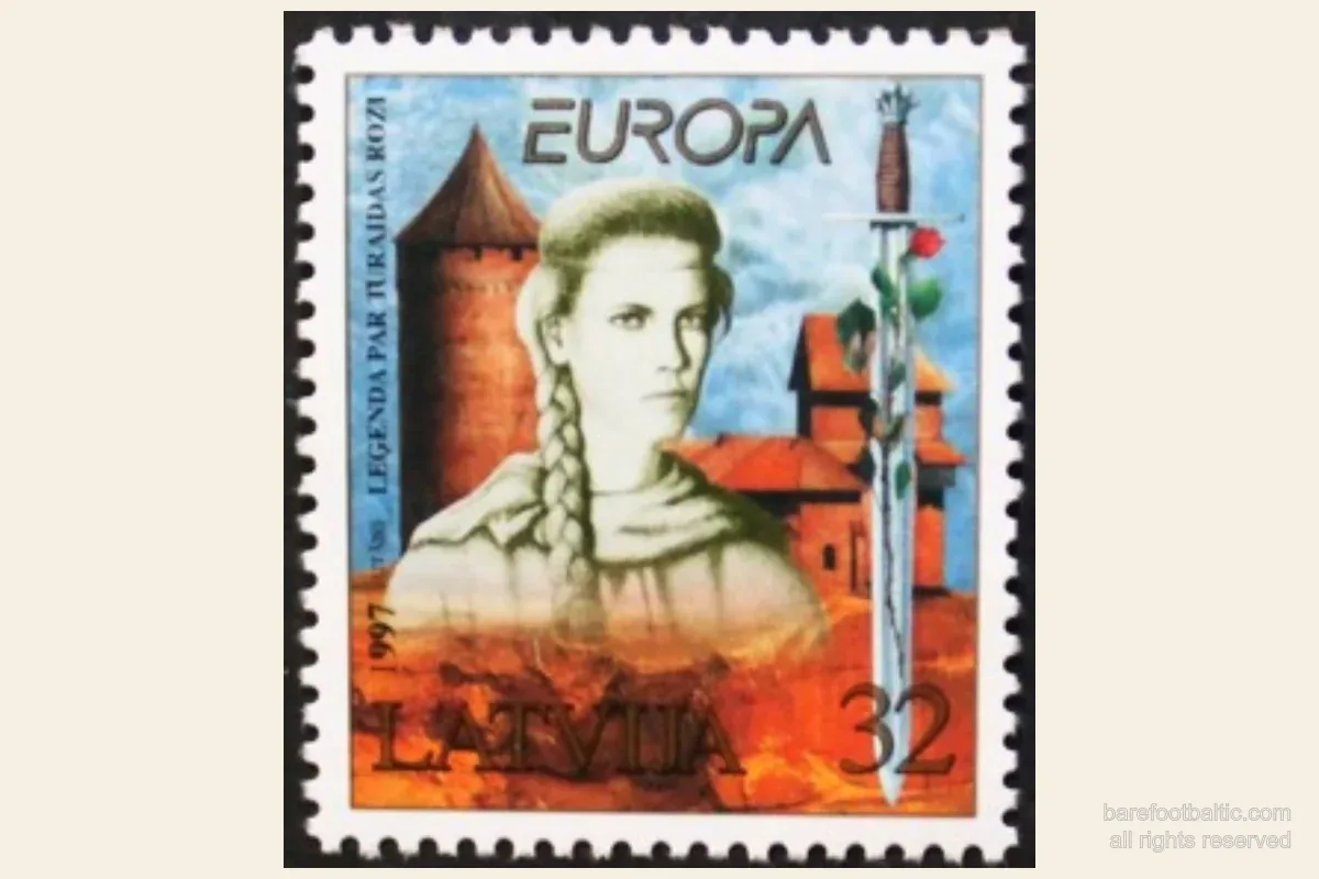 Łotewski znaczek pocztowy EUROPA z 1997 roku, Legenda o Róży z Turaidy, projekt Juris Utāns