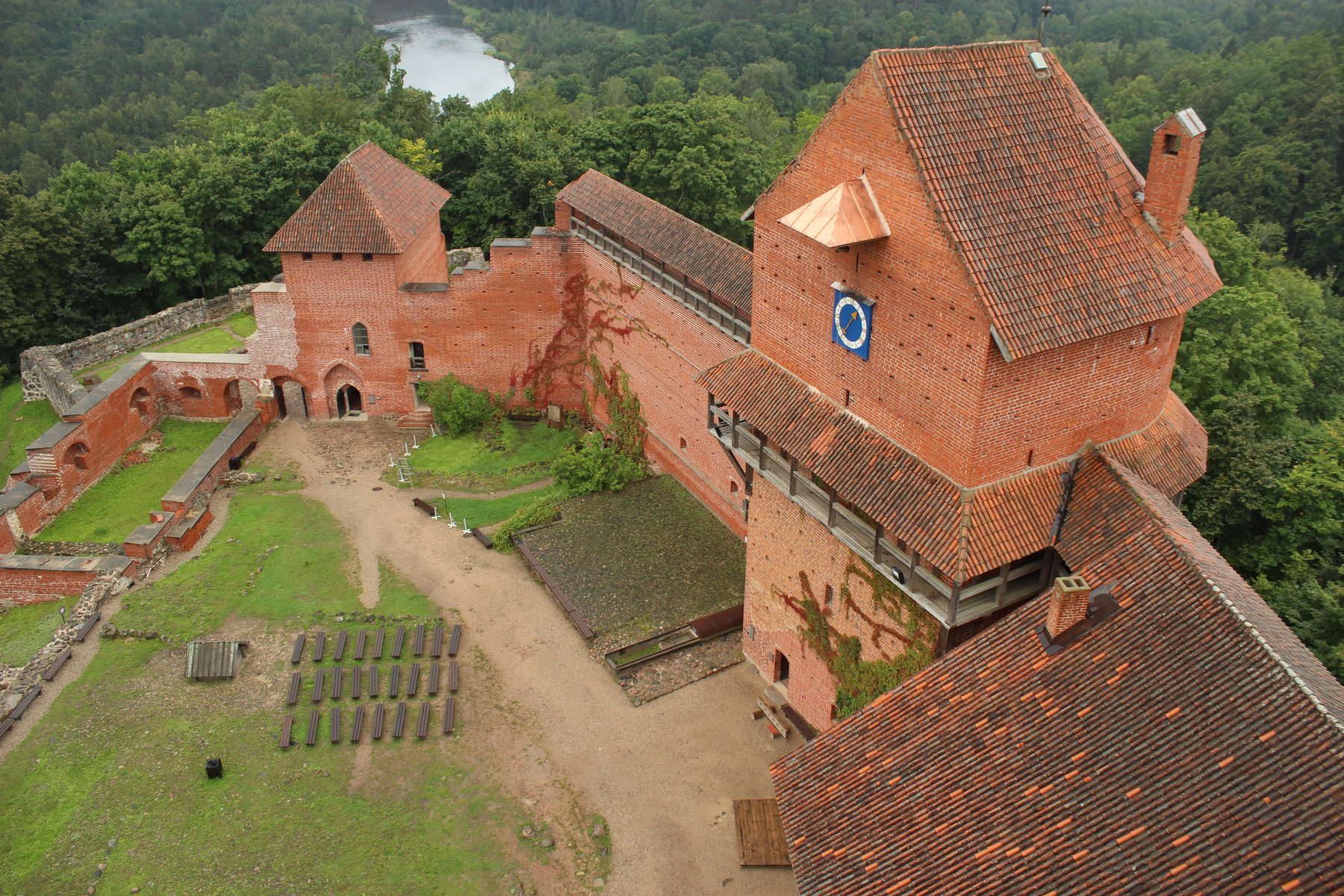 Aerial view of red-brick Turaida Castle, Sigulda, Latvia