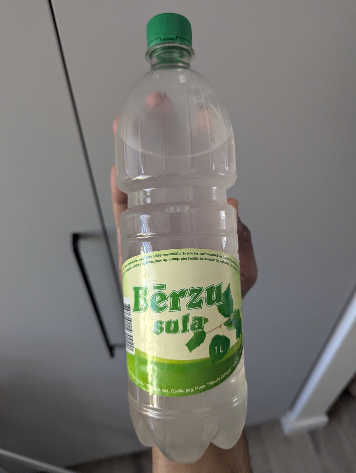 Litrowa butelka PET Bērzu sula (łotewskiego soku brzozowego) z zieloną etykietą w liście, podniesiona pod ścianę kuchni