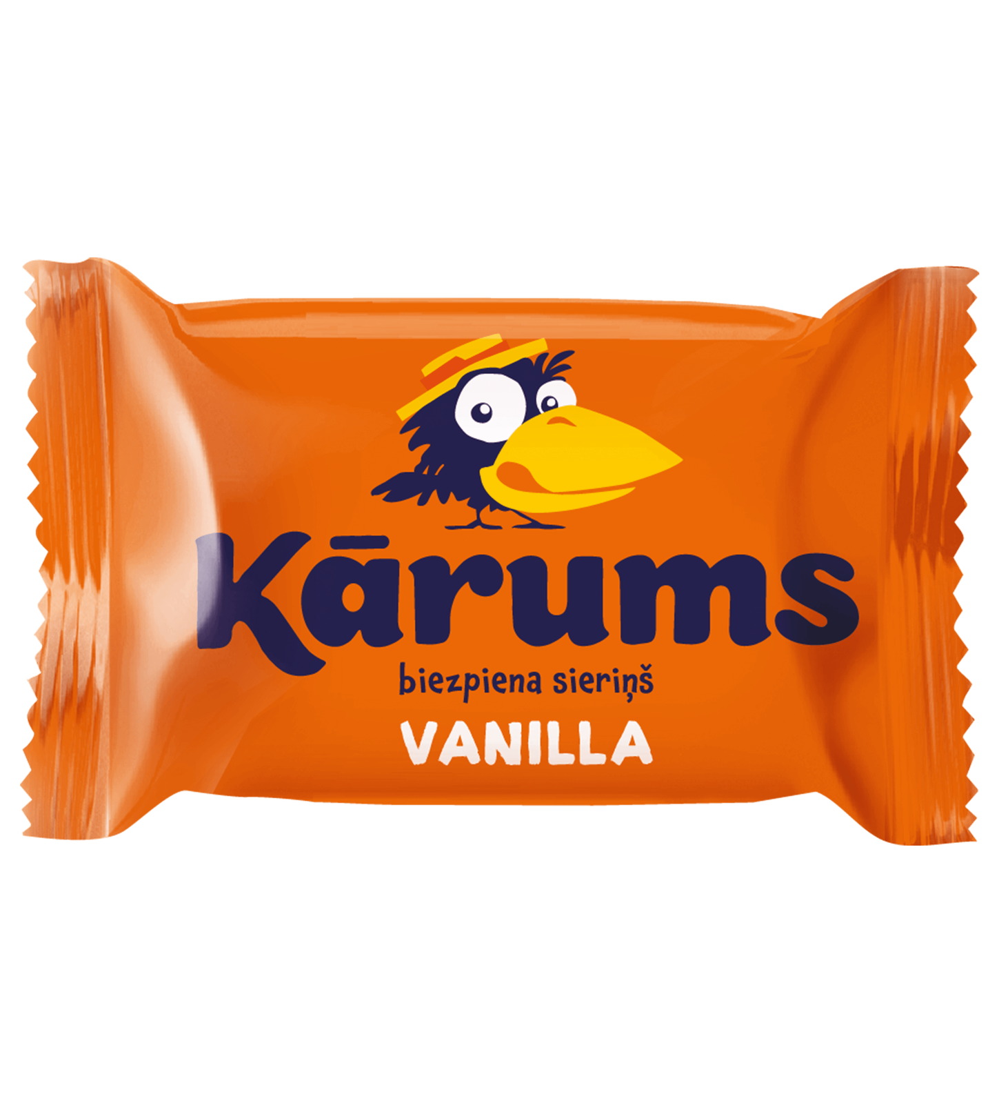 Kārums biezpiena sieriņš waniliowy, łotewski nieoblany czekoladą baton twarogowy w pomarańczowym papierku z logo rysunkowej wrony